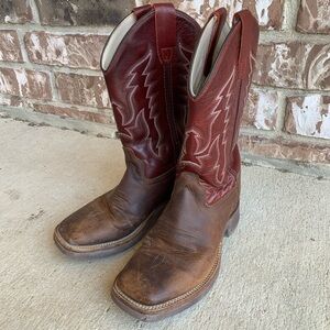 SOLD - Youth Brown and Red Leather Cowboy Boots Size 4